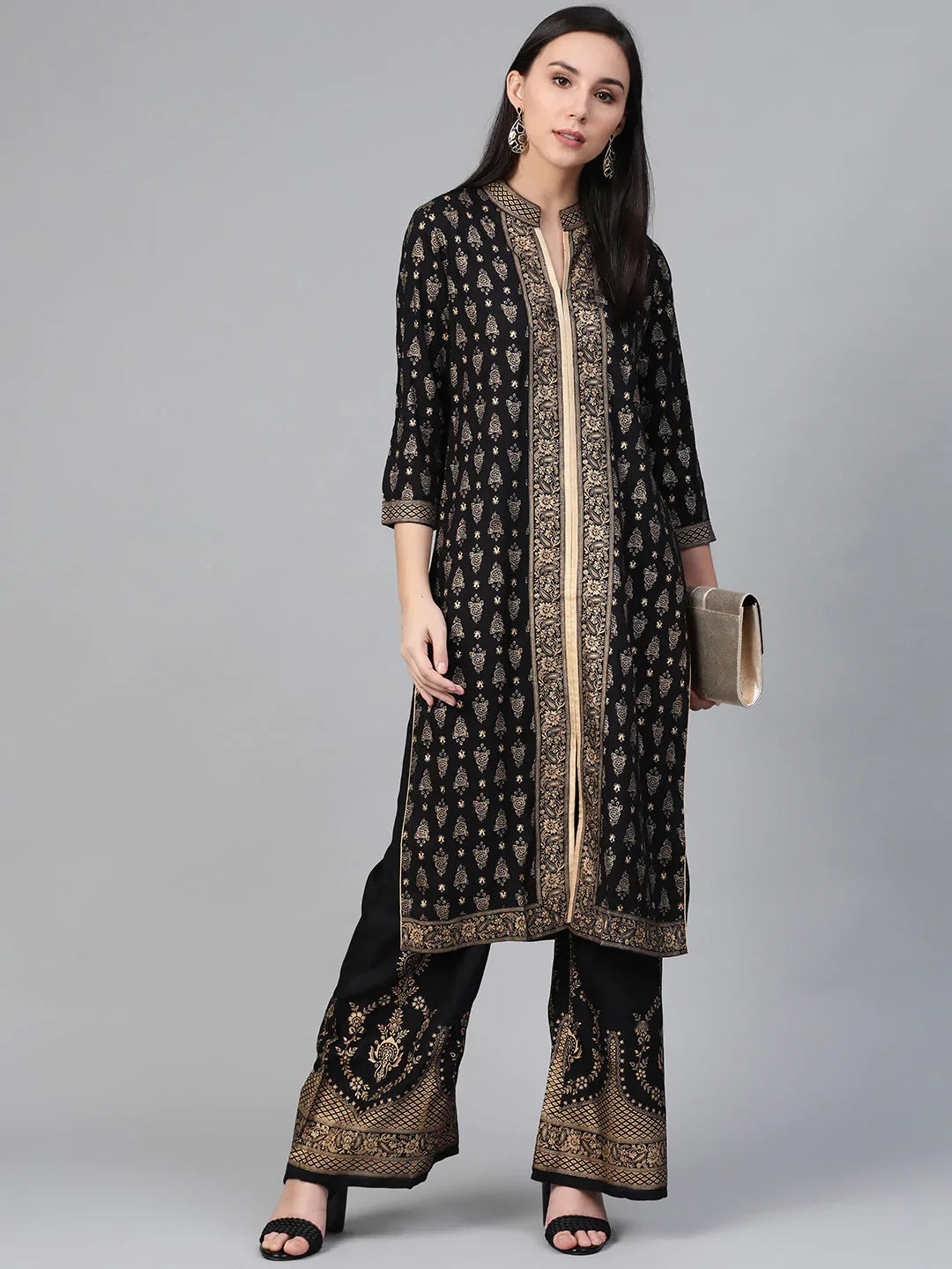 Jompers Women's Black & Golden Block Print Kurta with Palazzos | Grocsy