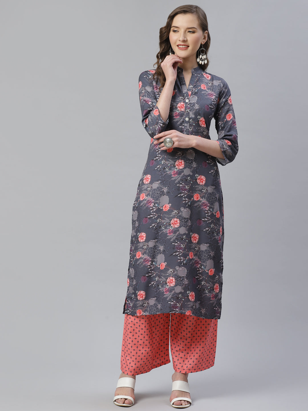 Jompers Women Charcoal Grey & Pink Floral Printed Kurta with Palazzos | Grocsy