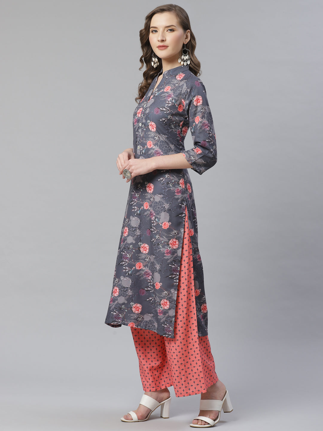 Jompers Women Charcoal Grey & Pink Floral Printed Kurta with Palazzos | Grocsy