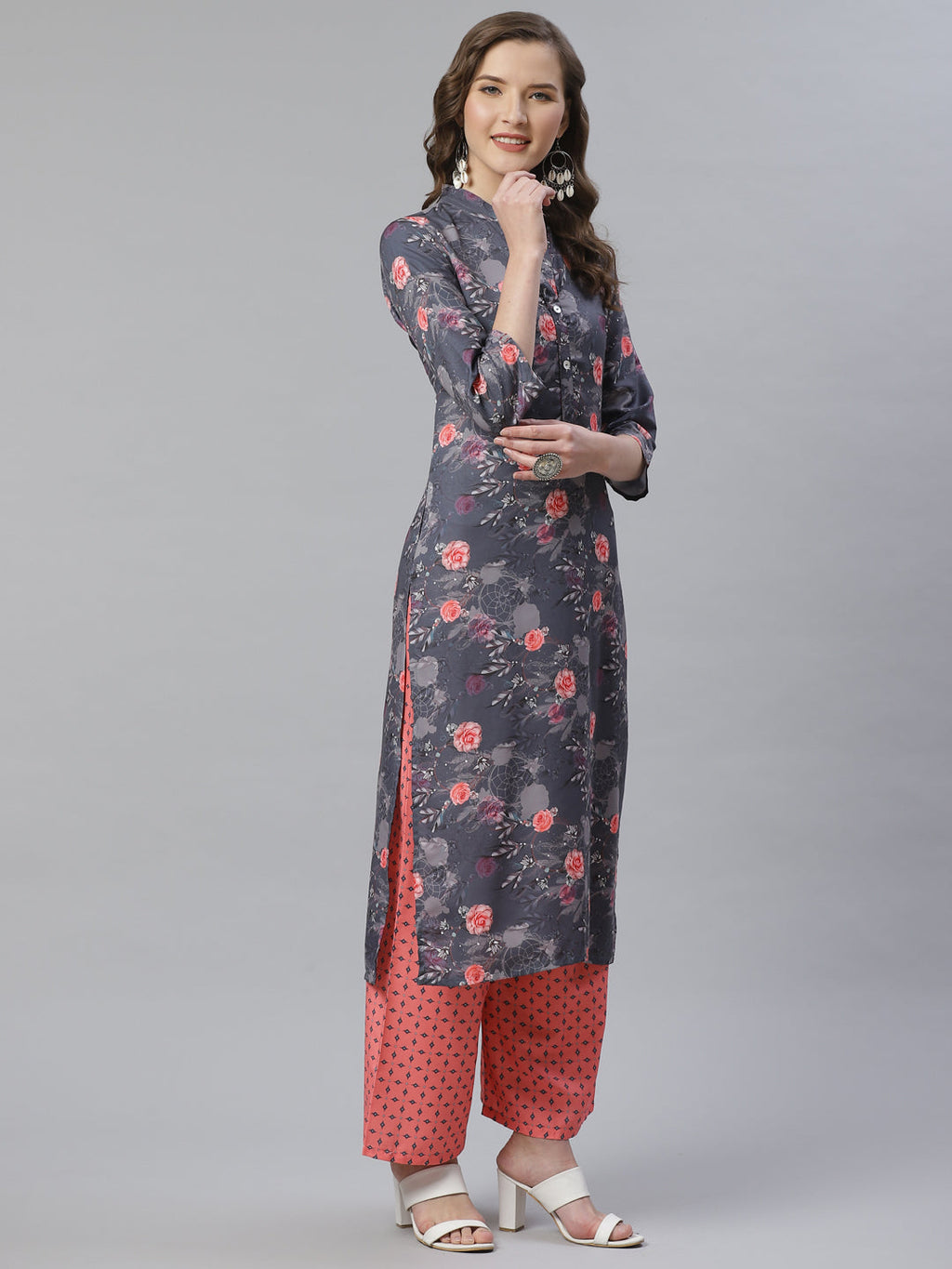 Jompers Women Charcoal Grey & Pink Floral Printed Kurta with Palazzos | Grocsy