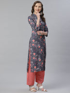 Jompers Women Charcoal Grey & Pink Floral Printed Kurta with Palazzos | Grocsy