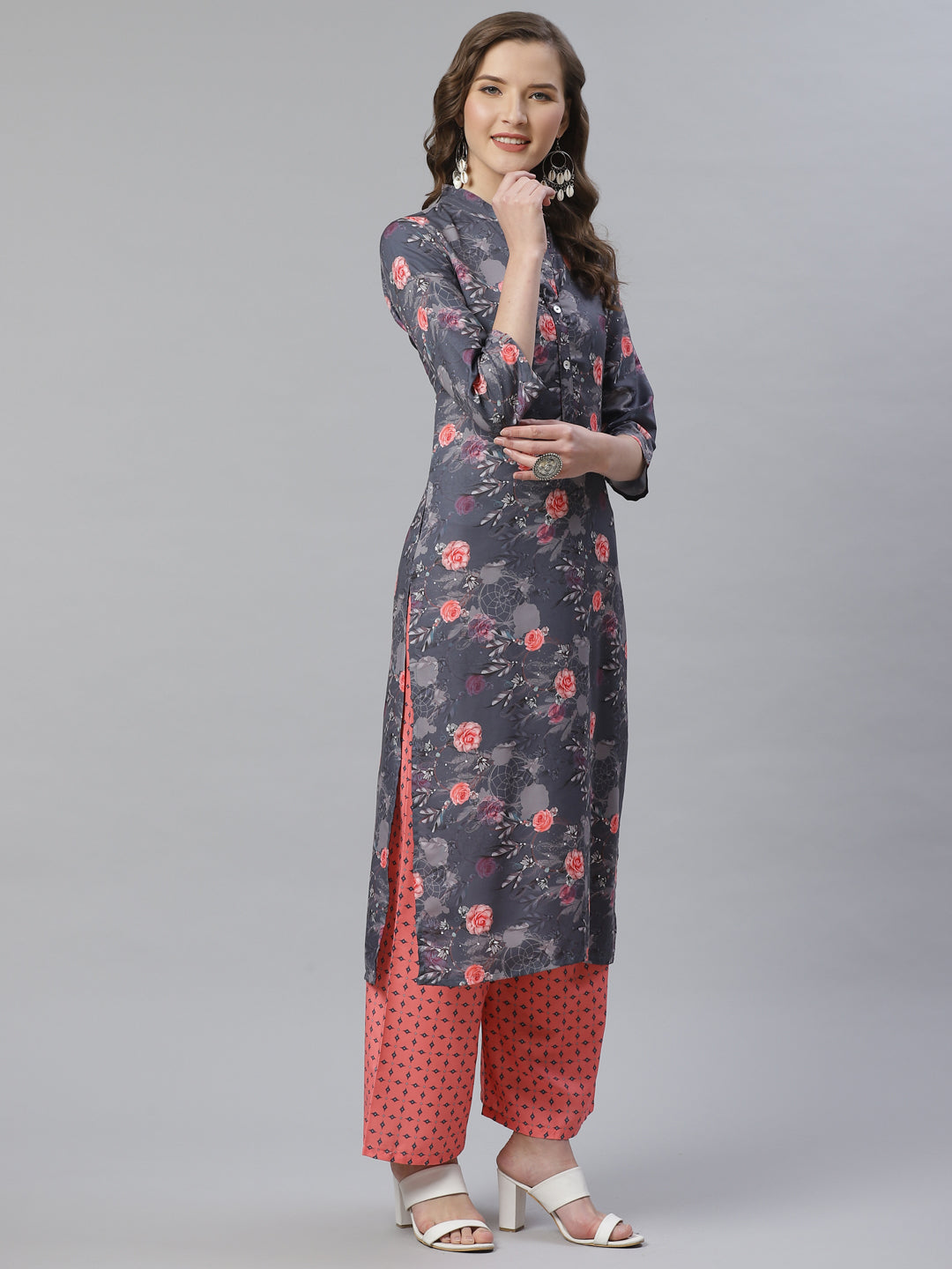 Jompers Women Charcoal Grey & Pink Floral Printed Kurta with Palazzos | Grocsy