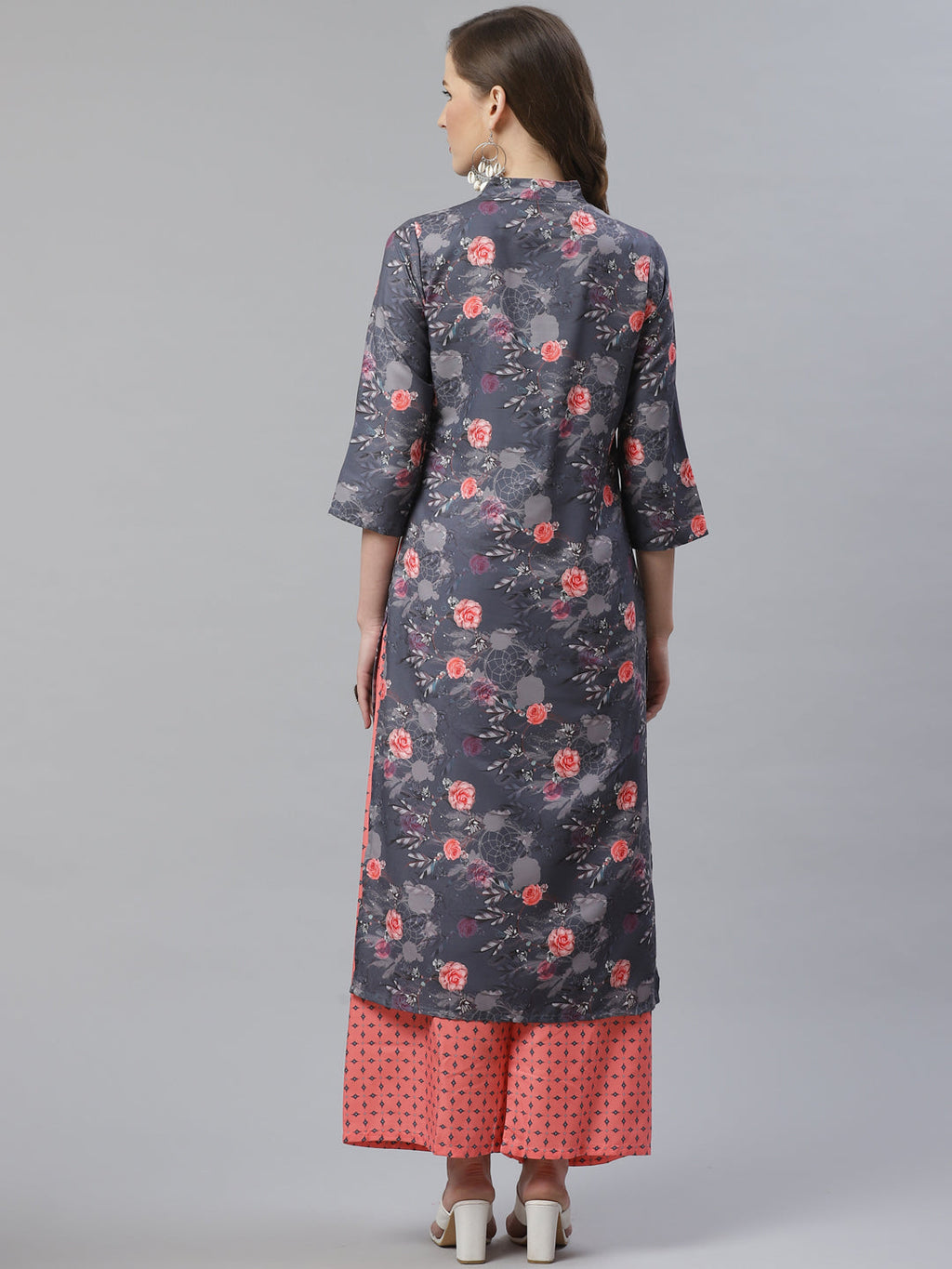 Jompers Women Charcoal Grey & Pink Floral Printed Kurta with Palazzos | Grocsy