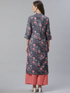 Jompers Women Charcoal Grey & Pink Floral Printed Kurta with Palazzos | Grocsy