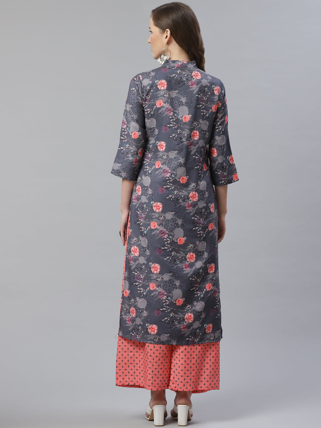 Jompers Women Charcoal Grey & Pink Floral Printed Kurta with Palazzos | Grocsy