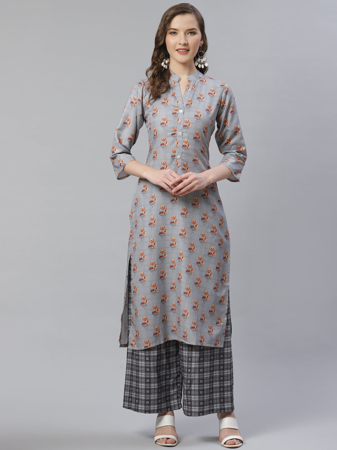 Jompers Women Grey & Beige Floral Printed Kurta with Palazzos | Grocsy