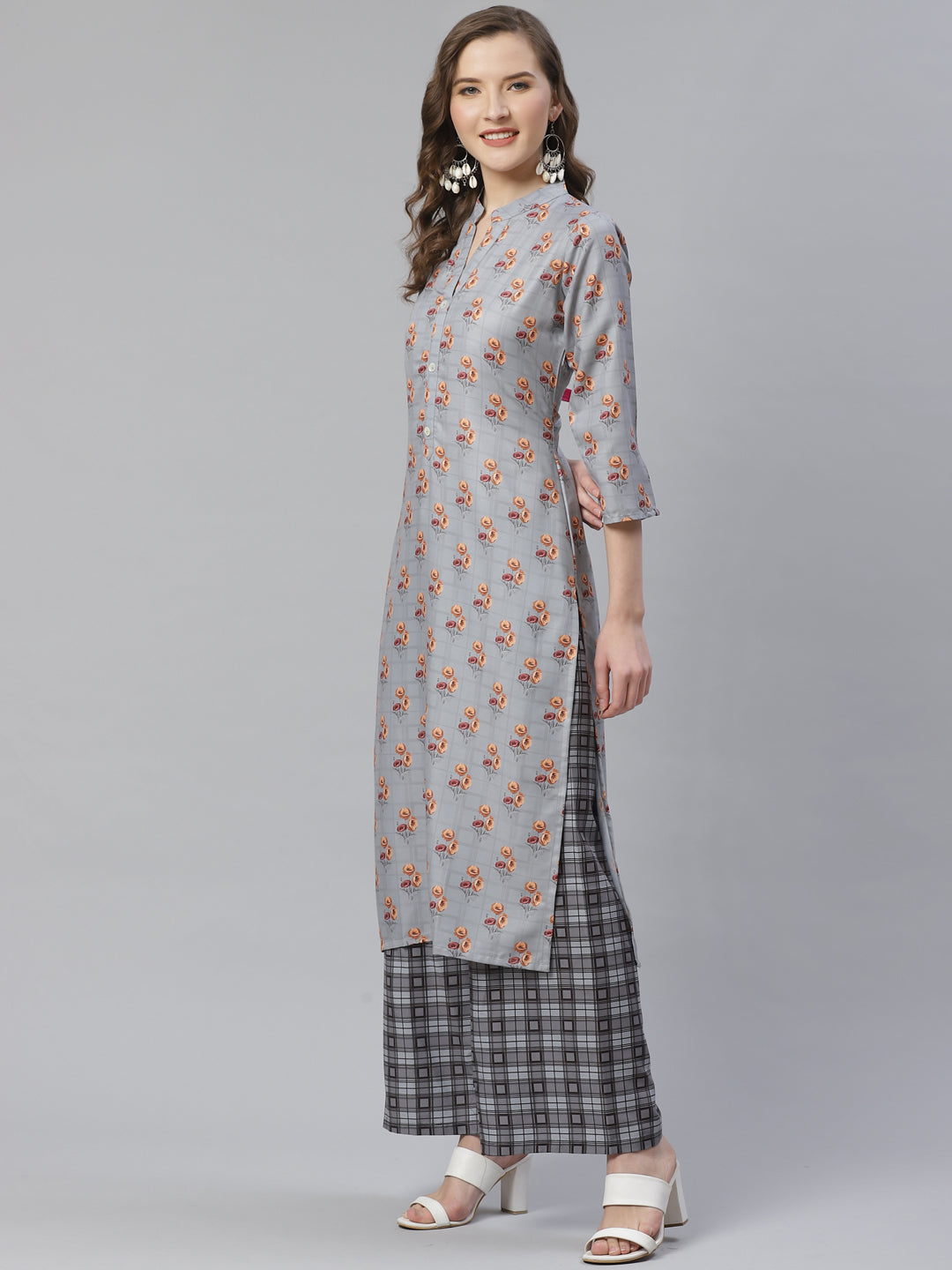 Jompers Women Grey & Beige Floral Printed Kurta with Palazzos | Grocsy