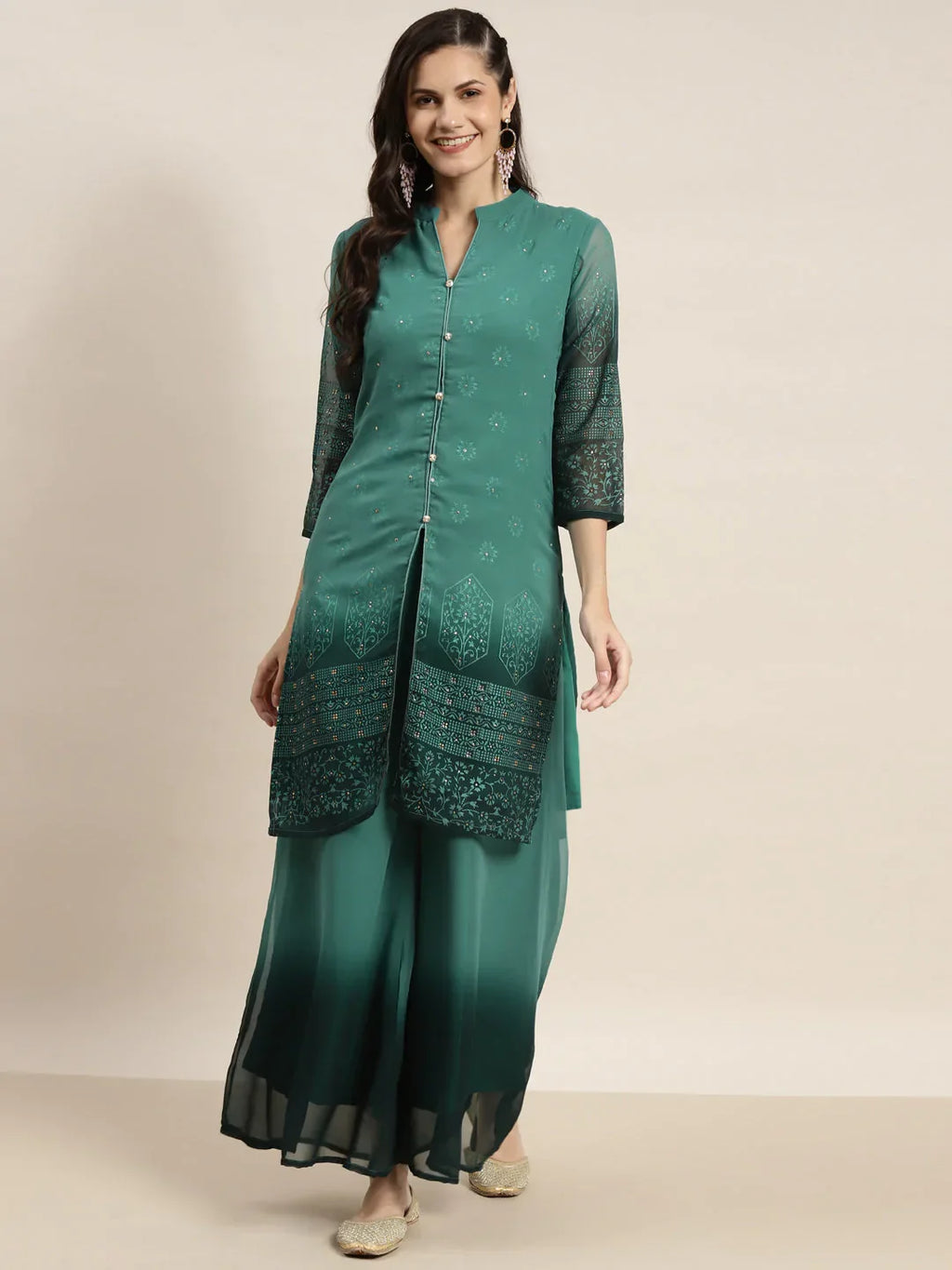 Jompers Women's Printed Mukaish Kurta with Palazzos - Green | Grocsy