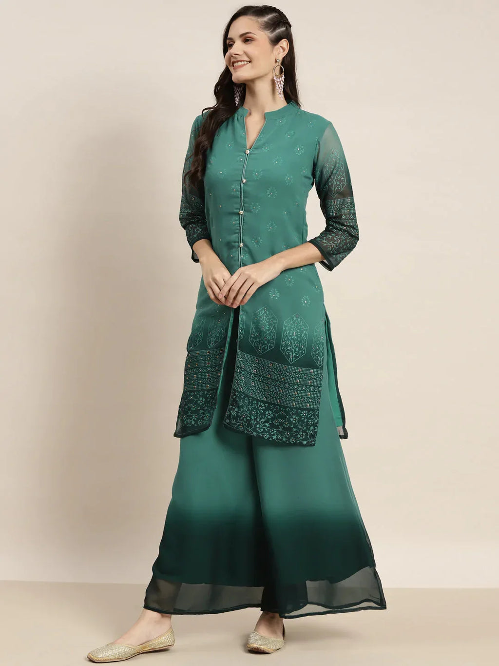 Jompers Women's Printed Mukaish Kurta with Palazzos - Green | Grocsy