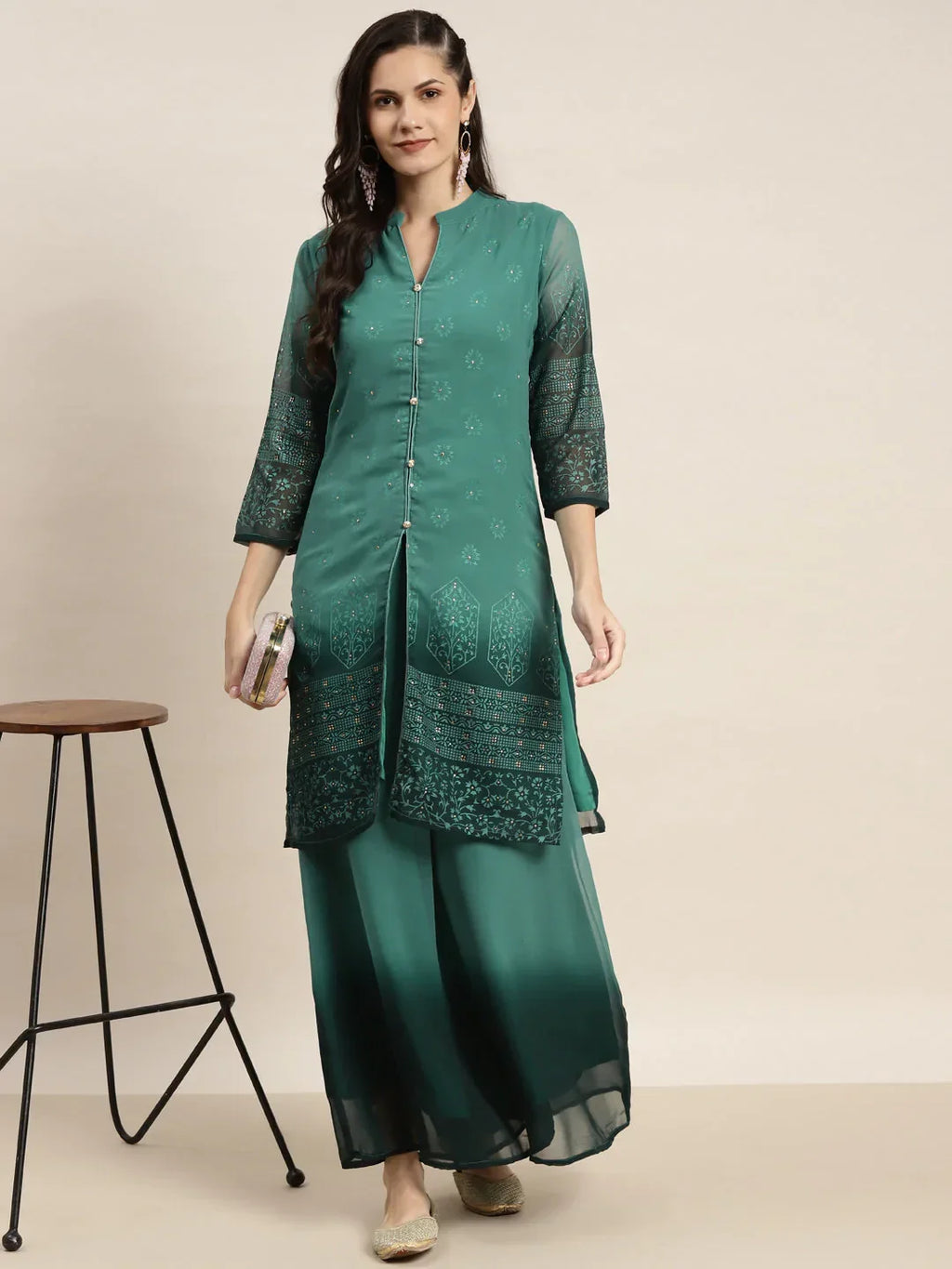 Jompers Women's Printed Mukaish Kurta with Palazzos - Green | Grocsy