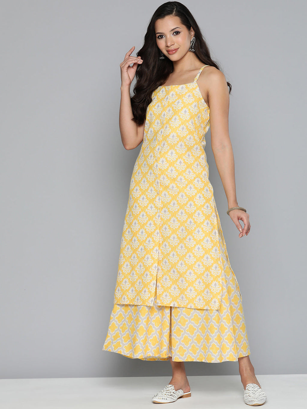 Jompers Women's Ethnic Motifs Printed Kurta with Palazzos - Yellow | Grocsy