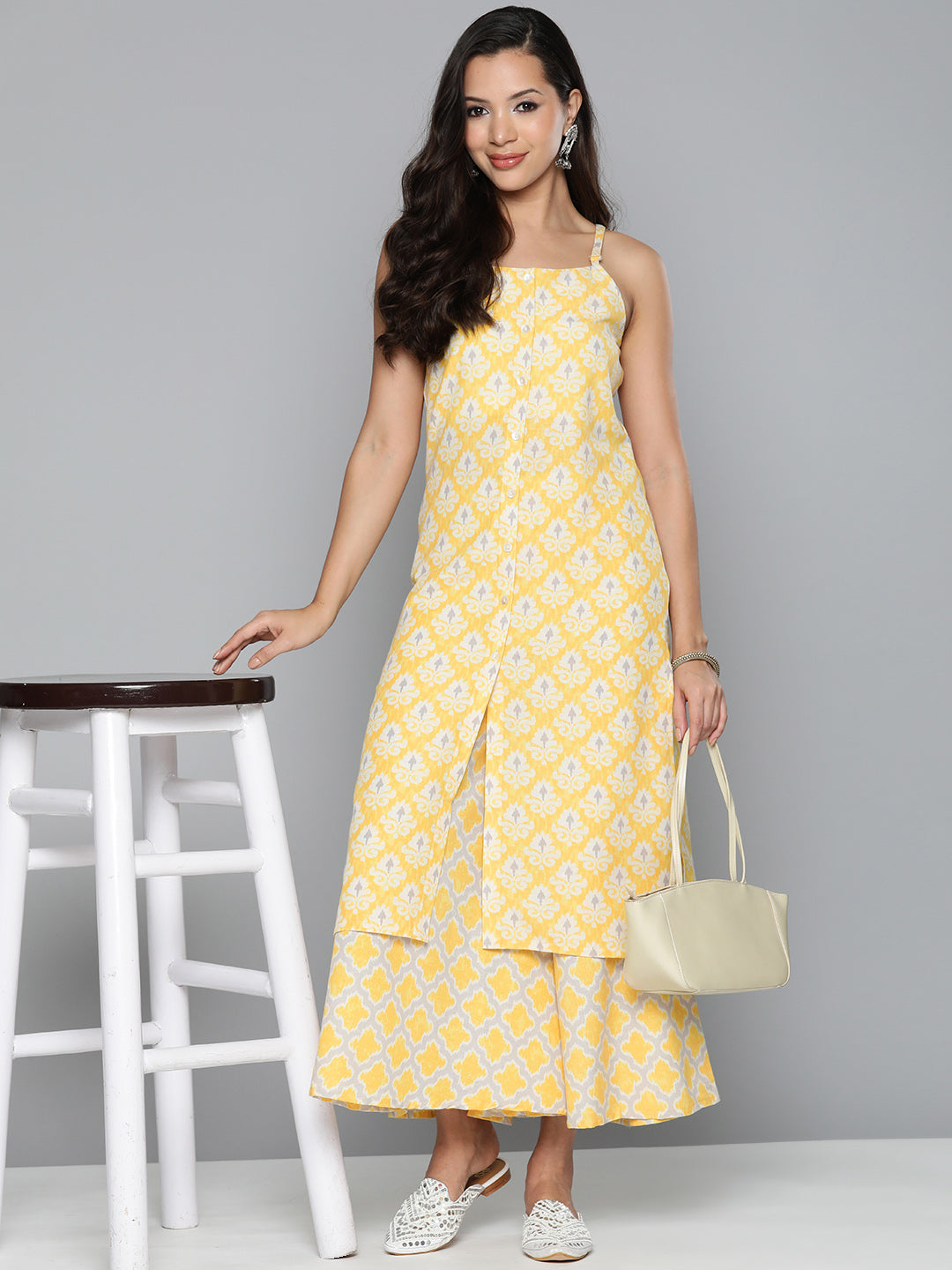 Jompers Women's Ethnic Motifs Printed Kurta with Palazzos - Yellow | Grocsy