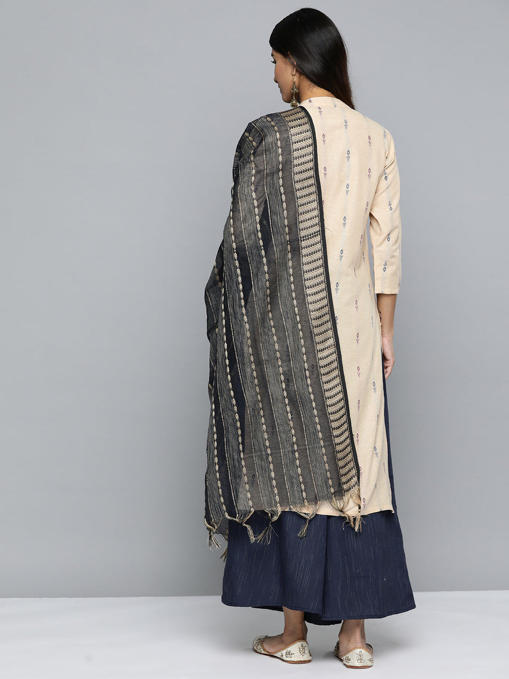 Jompers Women's Woven Design Kurta With Palazzos & Dupatta - Navy Blue | Grocsy