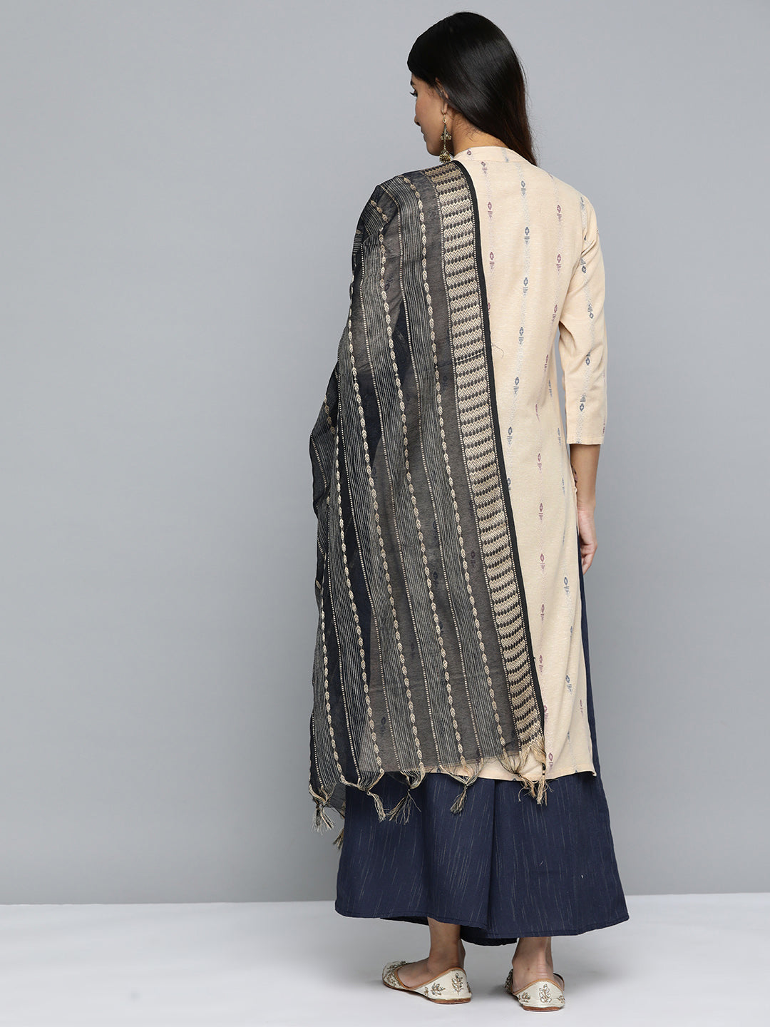Jompers Women's Woven Design Kurta With Palazzos & Dupatta - Navy Blue | Grocsy