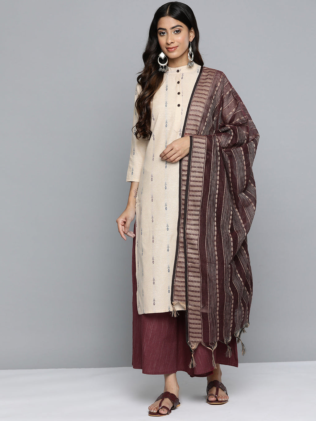 Jompers Women's Woven Design Kurta With Palazzos & Dupatta - Purple | Grocsy