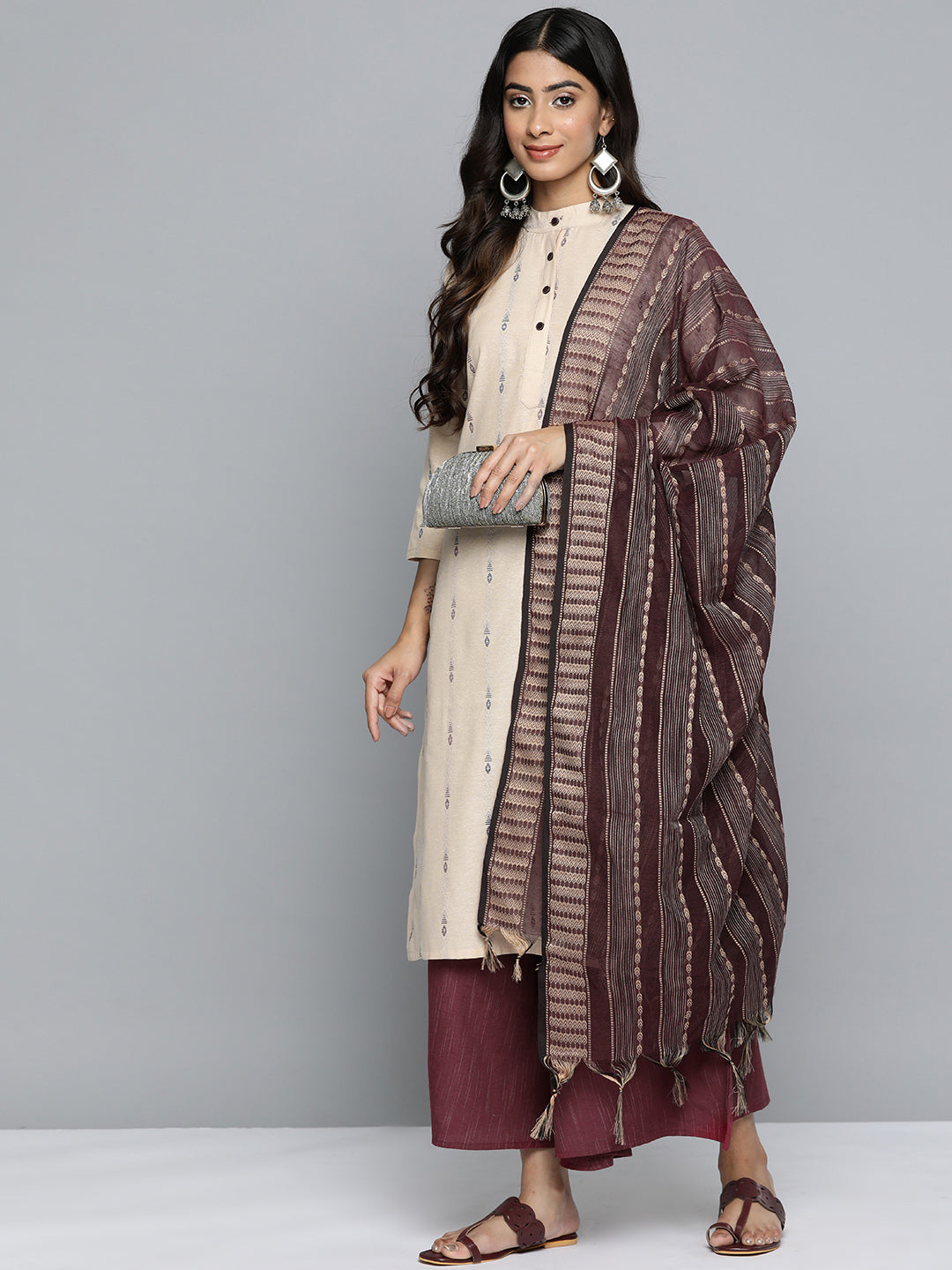 Jompers Women's Woven Design Kurta With Palazzos & Dupatta - Purple | Grocsy