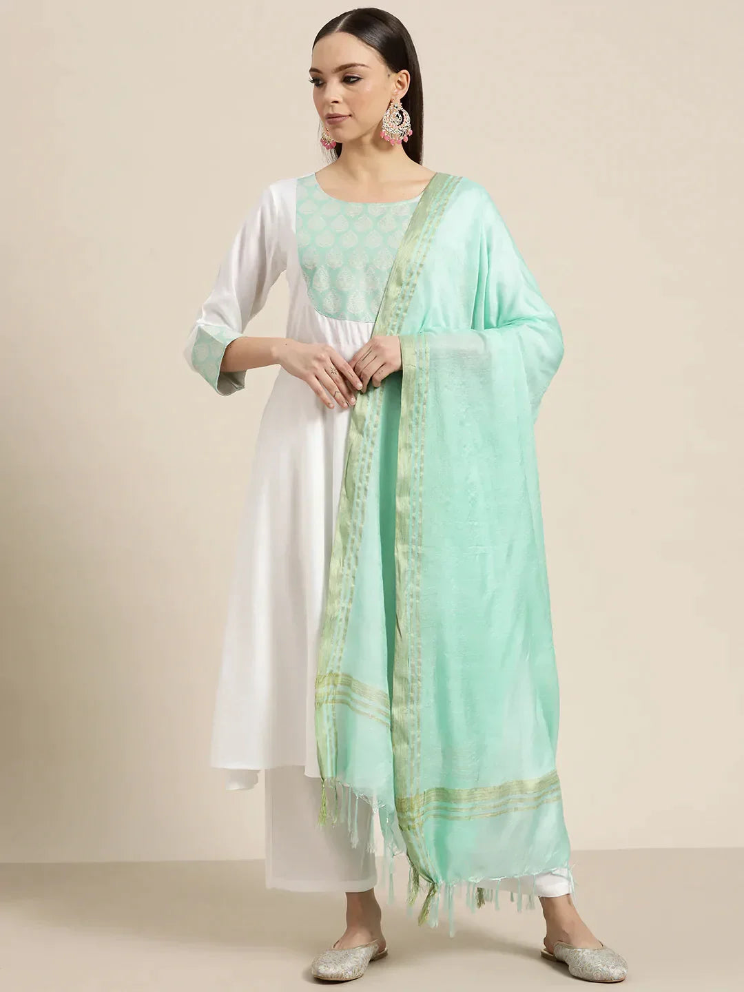 Jompers Women's Yoke Design Jacquard Kurta with Palazzos & Dupatta - Off-White | Grocsy