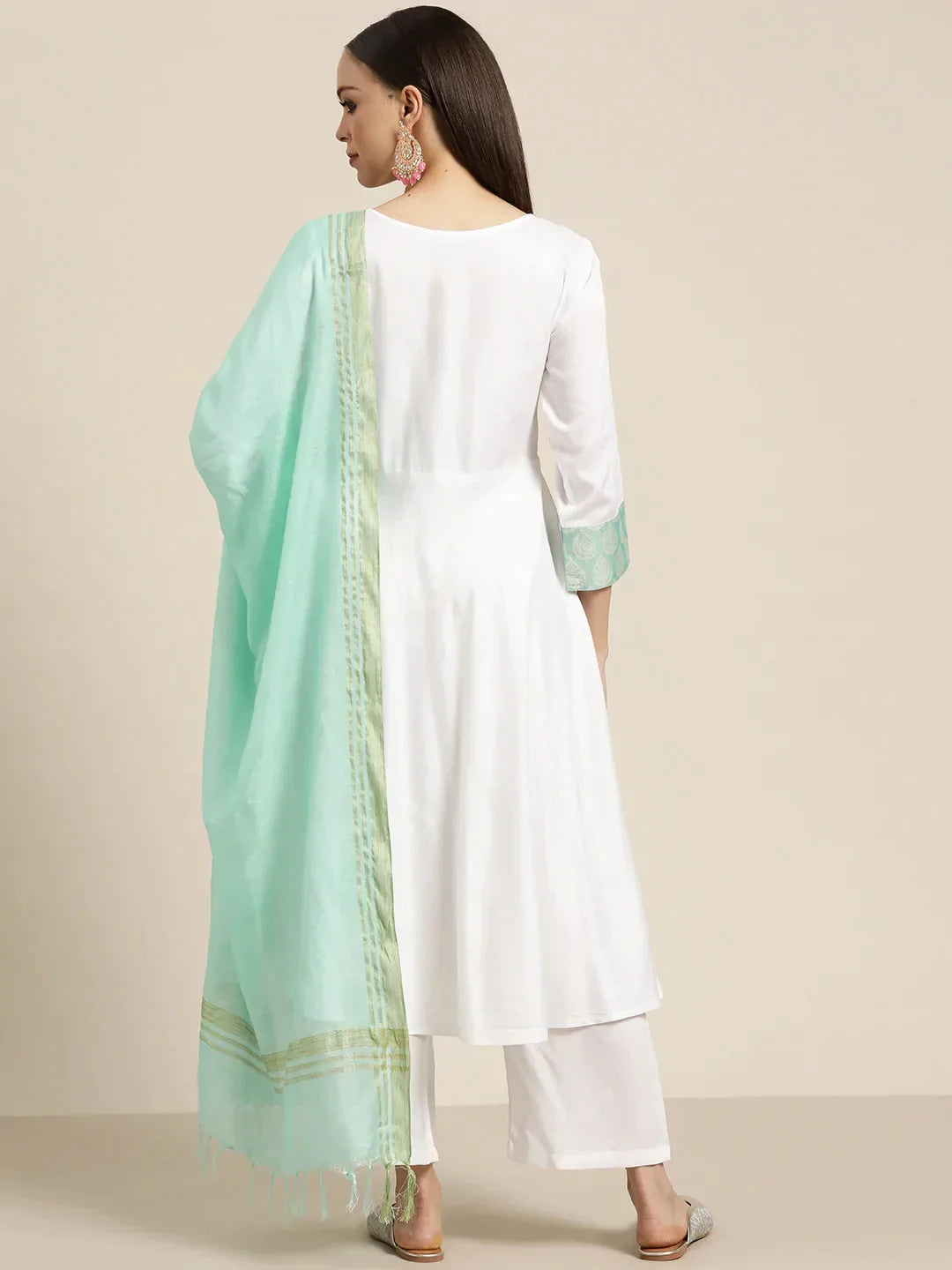 Jompers Women's Yoke Design Jacquard Kurta with Palazzos & Dupatta - Off-White | Grocsy