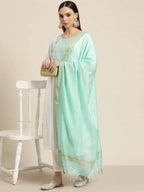 Jompers Women's Yoke Design Jacquard Kurta with Palazzos & Dupatta - Off-White | Grocsy