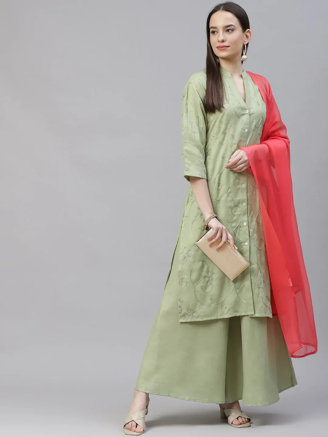 Jompers Women's Lime Green & Pink Floral Embroidered Kurta with Palazzos & Dupatta | Grocsy
