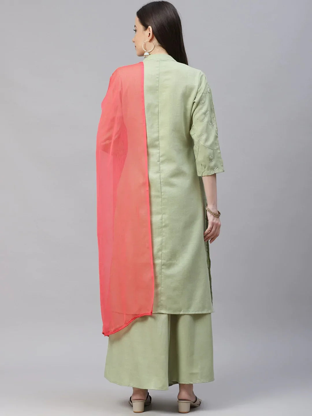 Jompers Women's Lime Green & Pink Floral Embroidered Kurta with Palazzos & Dupatta | Grocsy