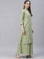 Jompers Women's Lime Green & Pink Floral Embroidered Kurta with Palazzos & Dupatta | Grocsy