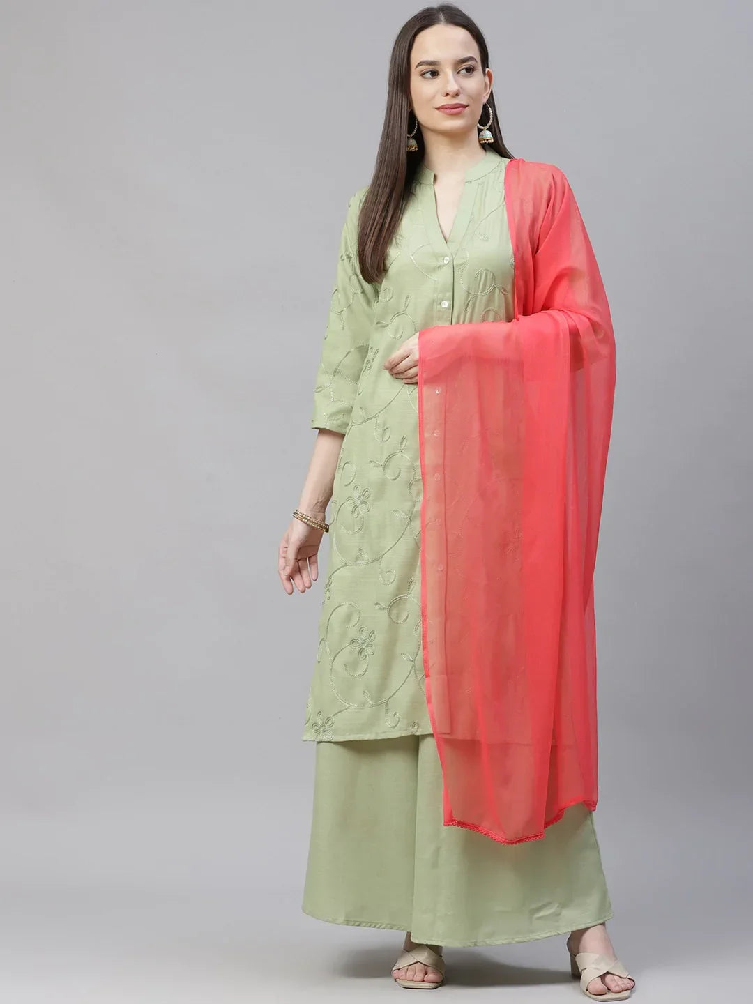 Jompers Women's Lime Green & Pink Floral Embroidered Kurta with Palazzos & Dupatta | Grocsy