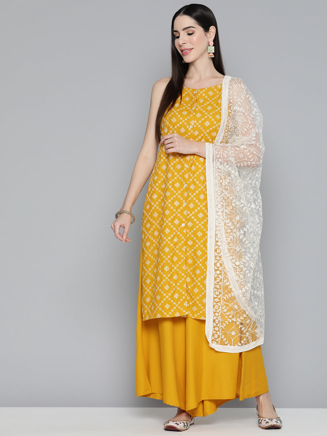 Jompers Women's Printed Kurta with Palazzos & With Chikankari Dupatta - Mustard | Grocsy