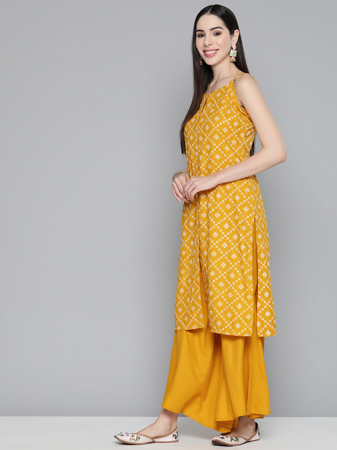Jompers Women's Printed Kurta with Palazzos & With Chikankari Dupatta - Mustard | Grocsy