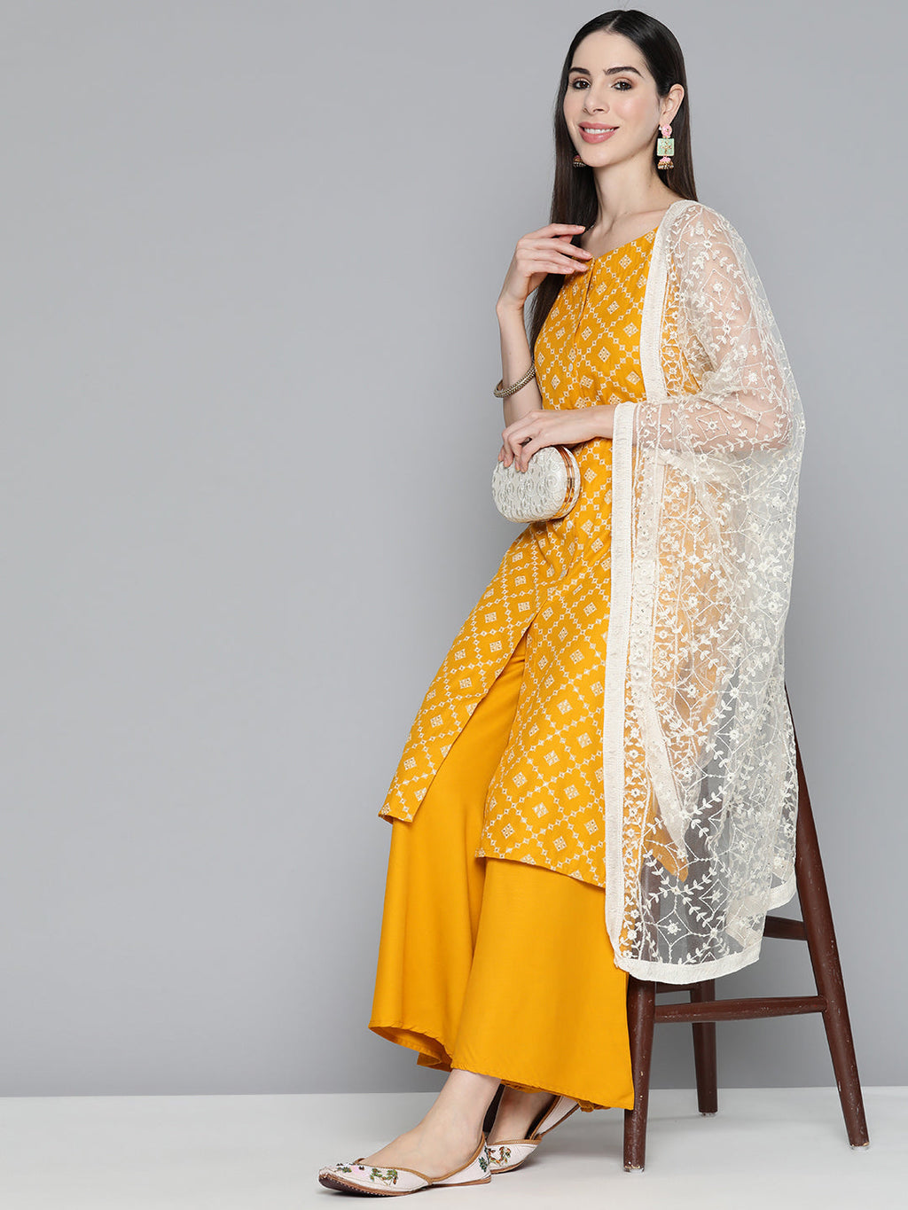Jompers Women's Printed Kurta with Palazzos & With Chikankari Dupatta - Mustard | Grocsy
