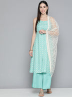Jompers Women's Printed Blue Kurta with Palazzos & With Chikankari Dupatta | Grocsy
