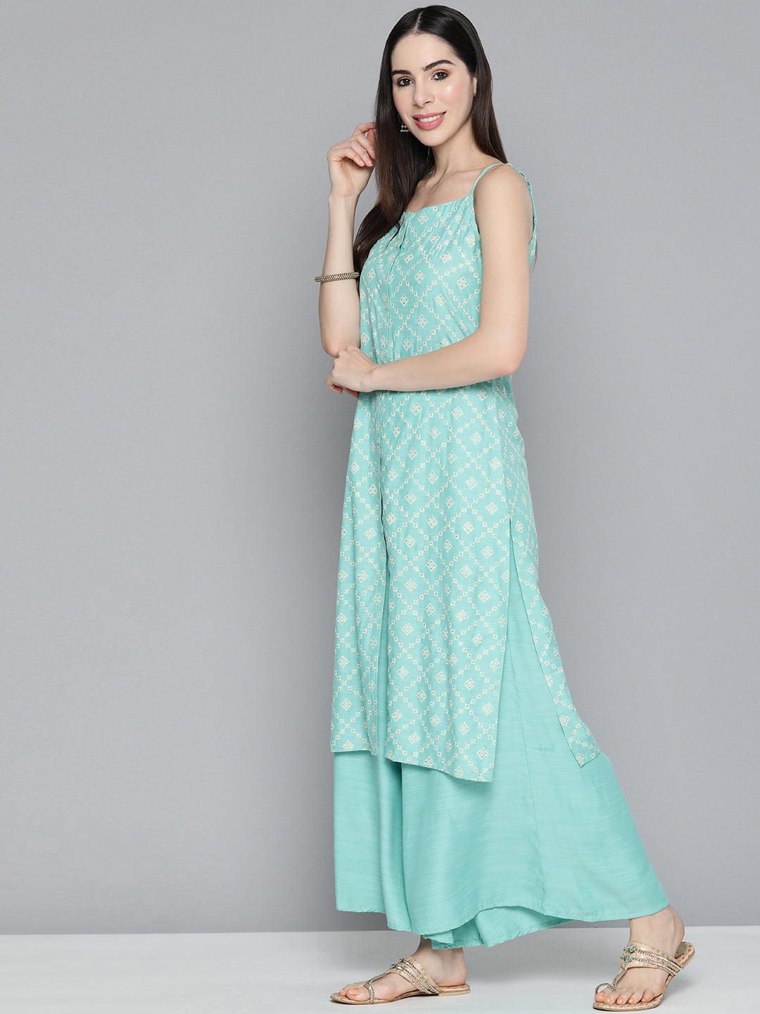 Jompers Women's Printed Blue Kurta with Palazzos & With Chikankari Dupatta | Grocsy