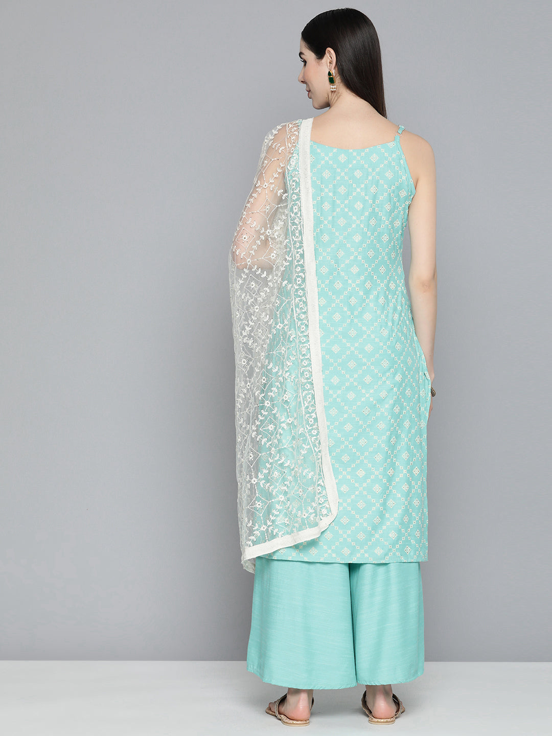 Jompers Women's Printed Blue Kurta with Palazzos & With Chikankari Dupatta | Grocsy