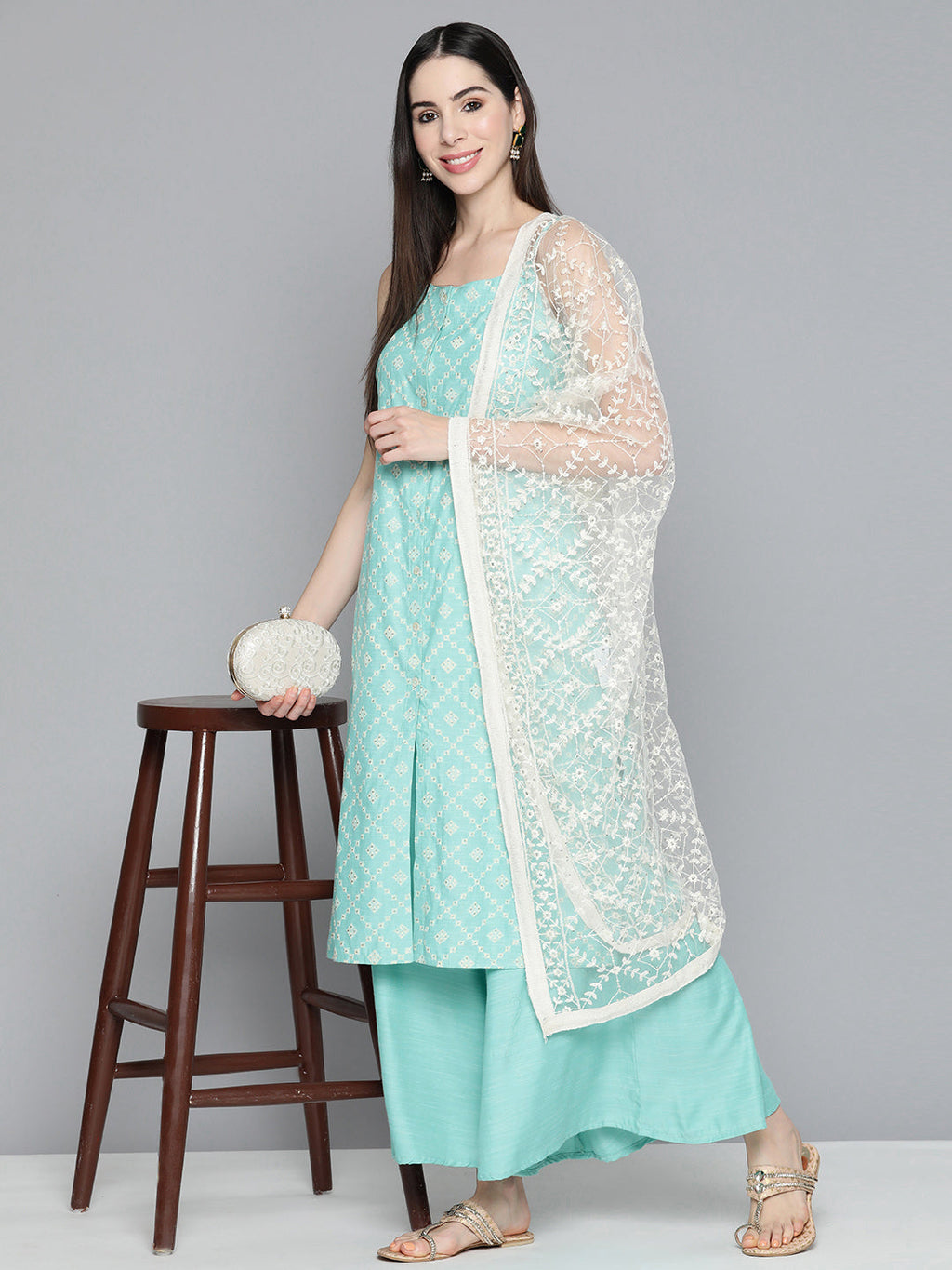 Jompers Women's Printed Blue Kurta with Palazzos & With Chikankari Dupatta | Grocsy
