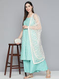 Jompers Women's Printed Blue Kurta with Palazzos & With Chikankari Dupatta | Grocsy
