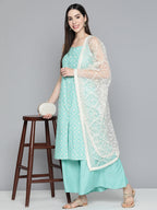 Jompers Women's Printed Blue Kurta with Palazzos & With Chikankari Dupatta | Grocsy