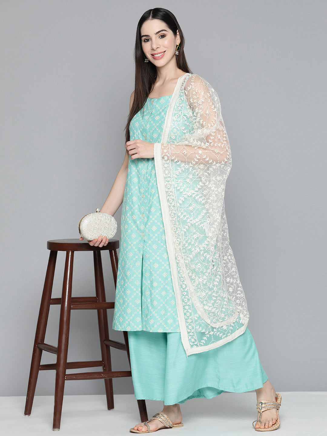 Jompers Women's Printed Blue Kurta with Palazzos & With Chikankari Dupatta | Grocsy