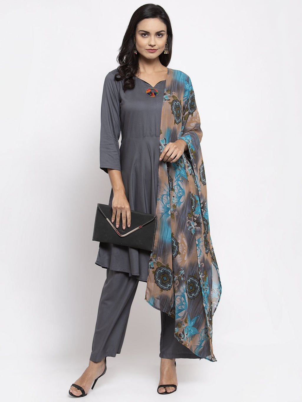 Jompers Women Grey Solid Kurta with Palazzos & Gorgette Printed Dupatta | Grocsy