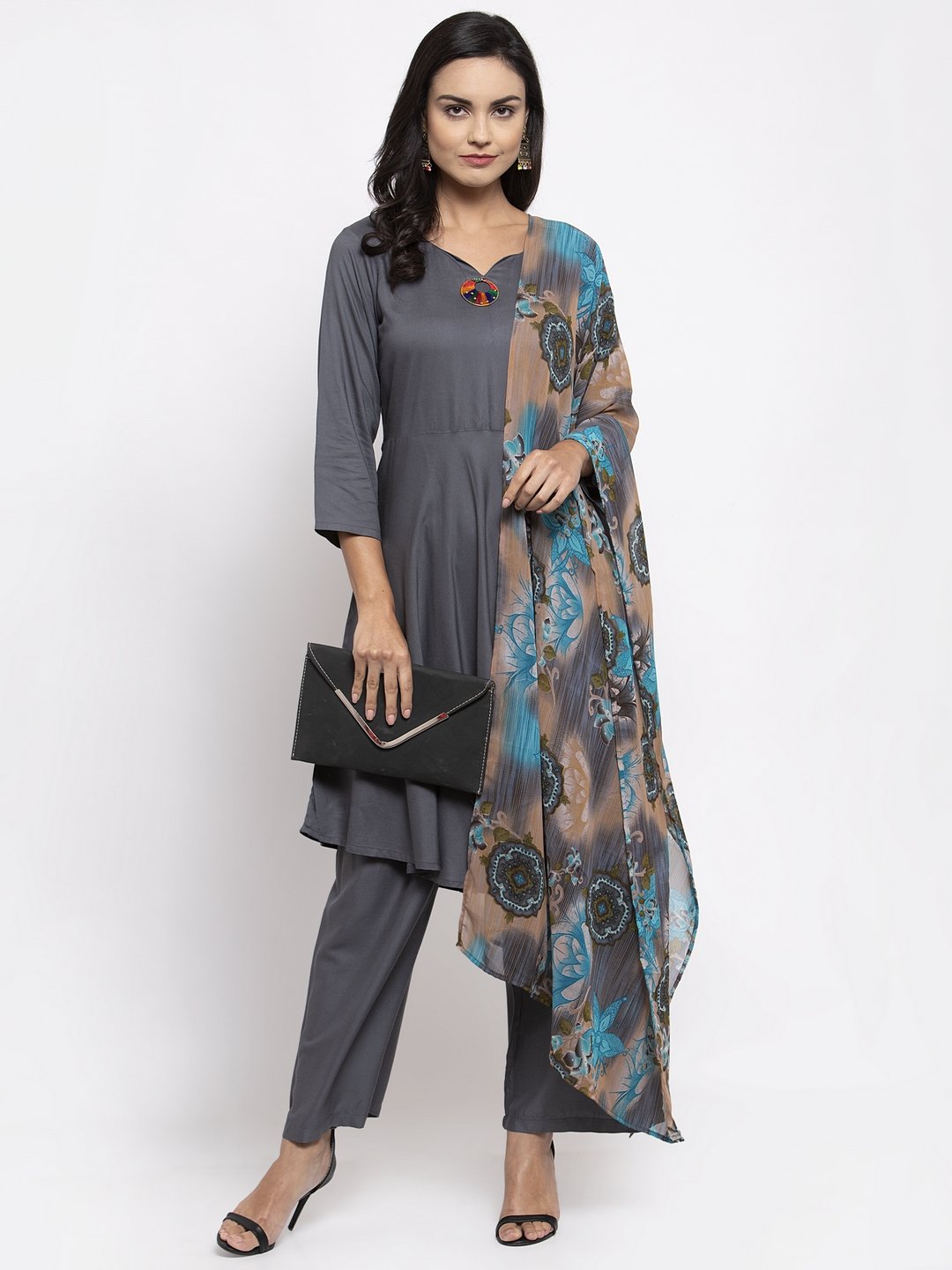 Jompers Women Grey Solid Kurta with Palazzos & Gorgette Printed Dupatta | Grocsy