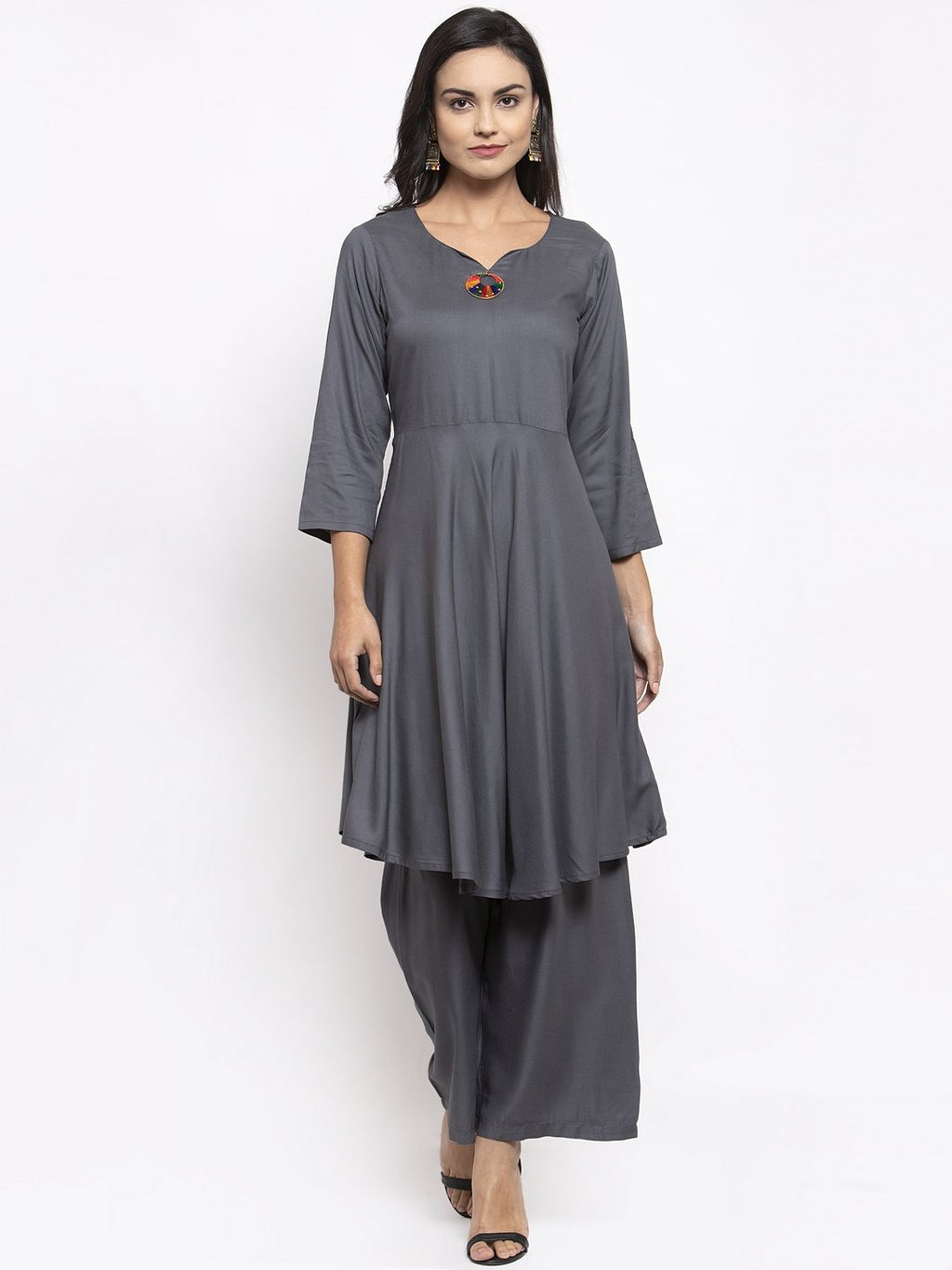 Jompers Women Grey Solid Kurta with Palazzos & Gorgette Printed Dupatta | Grocsy