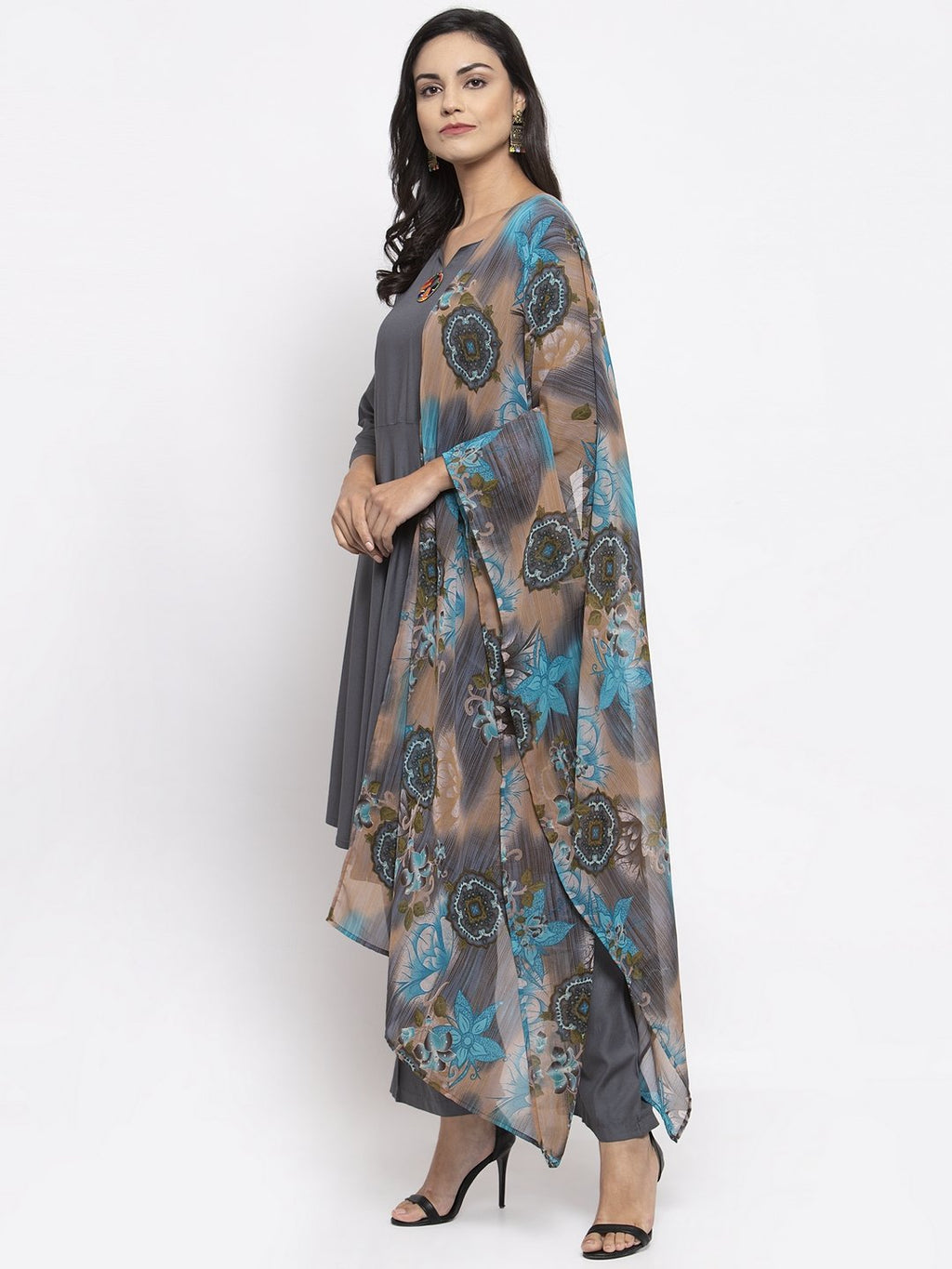 Jompers Women Grey Solid Kurta with Palazzos & Gorgette Printed Dupatta | Grocsy
