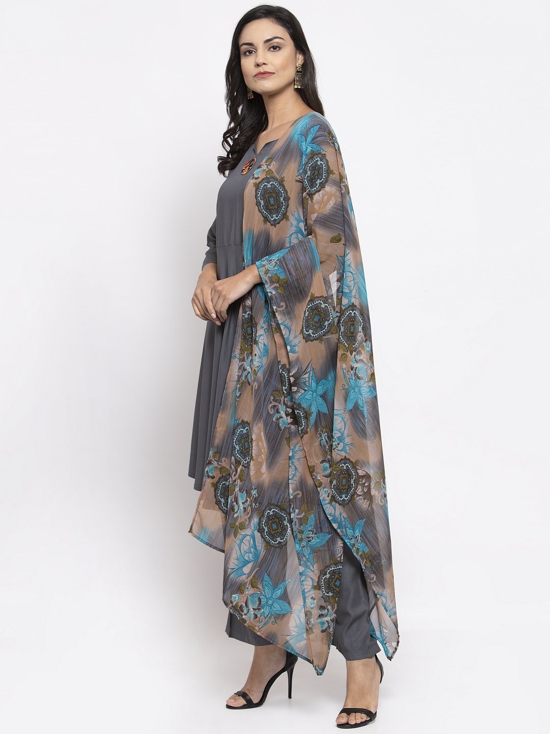 Jompers Women Grey Solid Kurta with Palazzos & Gorgette Printed Dupatta | Grocsy