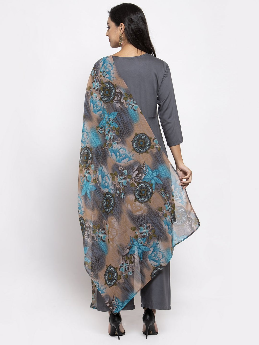 Jompers Women Grey Solid Kurta with Palazzos & Gorgette Printed Dupatta | Grocsy