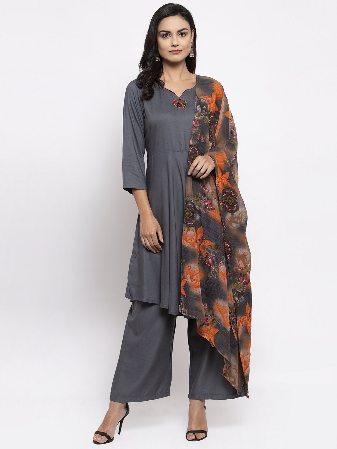 Jompers Women Grey Solid Kurta with Palazzos & Gorgette Orange Printed Dupatta | Grocsy