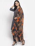 Jompers Women Grey Solid Kurta with Palazzos & Gorgette Orange Printed Dupatta | Grocsy