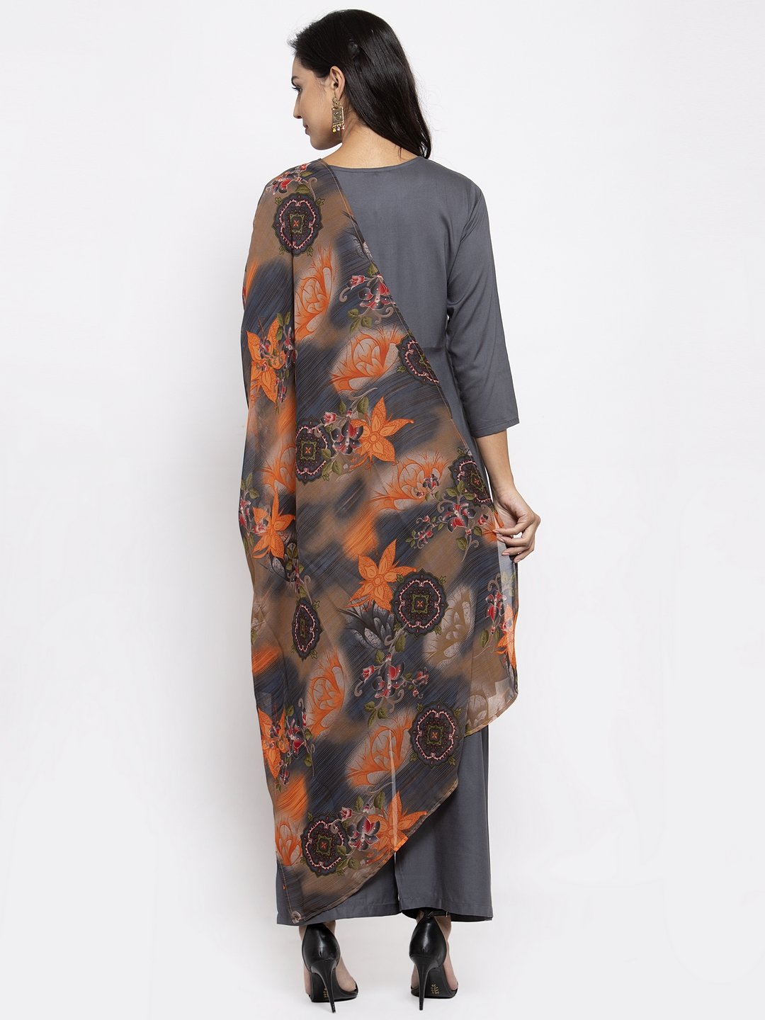Jompers Women Grey Solid Kurta with Palazzos & Gorgette Orange Printed Dupatta | Grocsy