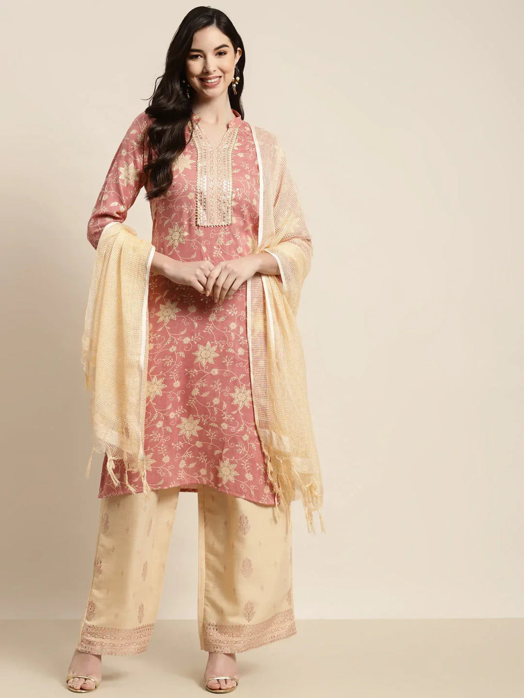 Jompers Women's Gotta Patti work Kurta, Palazzos & Dupatta - Pink | Grocsy