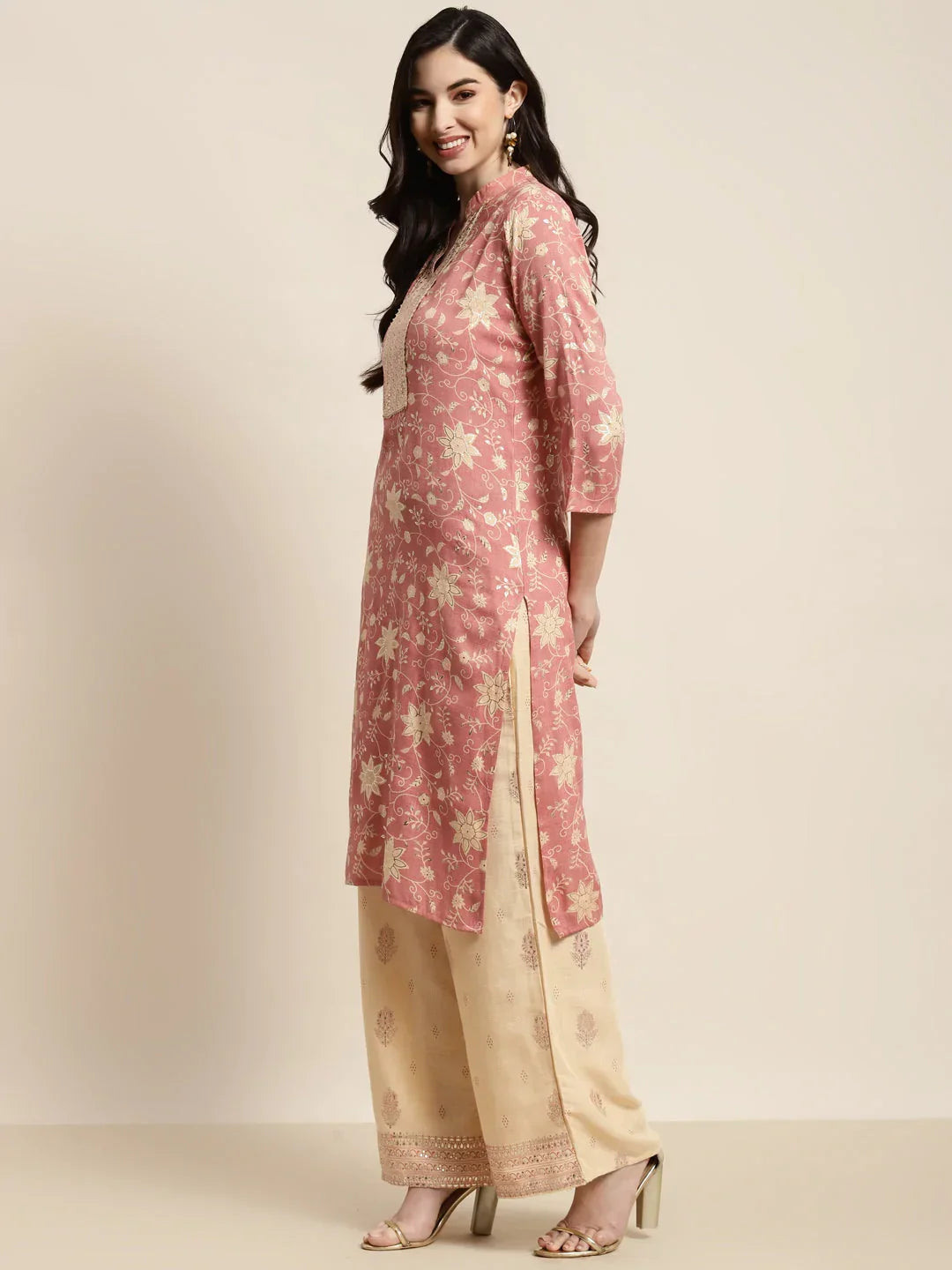 Jompers Women's Gotta Patti work Kurta, Palazzos & Dupatta - Pink | Grocsy