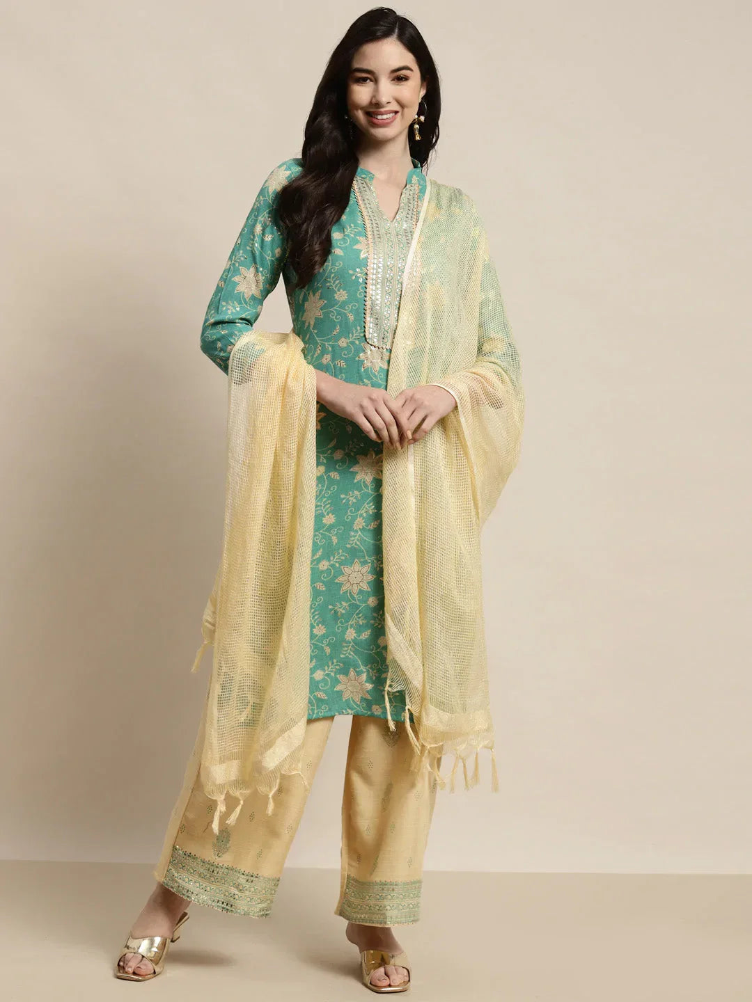 Jompers Women's Gotta Patti work Kurta, Palazzos & Dupatta - Sky Blue | Grocsy
