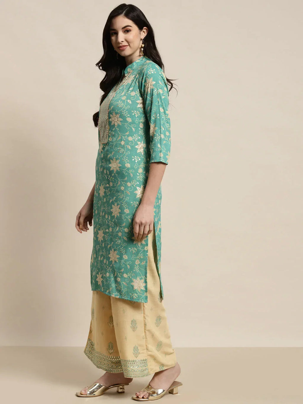 Jompers Women's Gotta Patti work Kurta, Palazzos & Dupatta - Sky Blue | Grocsy